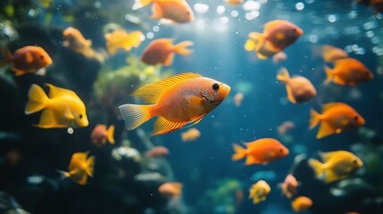 Fototapeta premium Orange fish swim in a blue aquarium tank