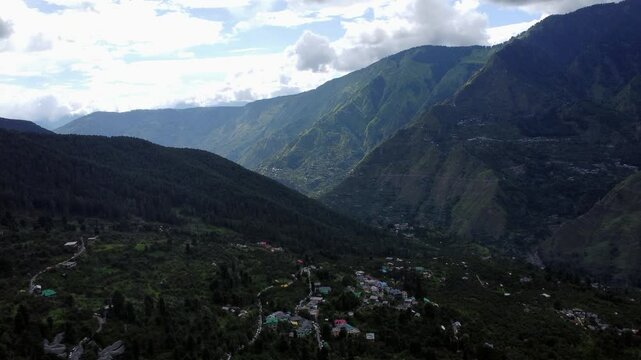 Beautiful drone shot of mountains of parvati valley in Himachal Pradesh, India	