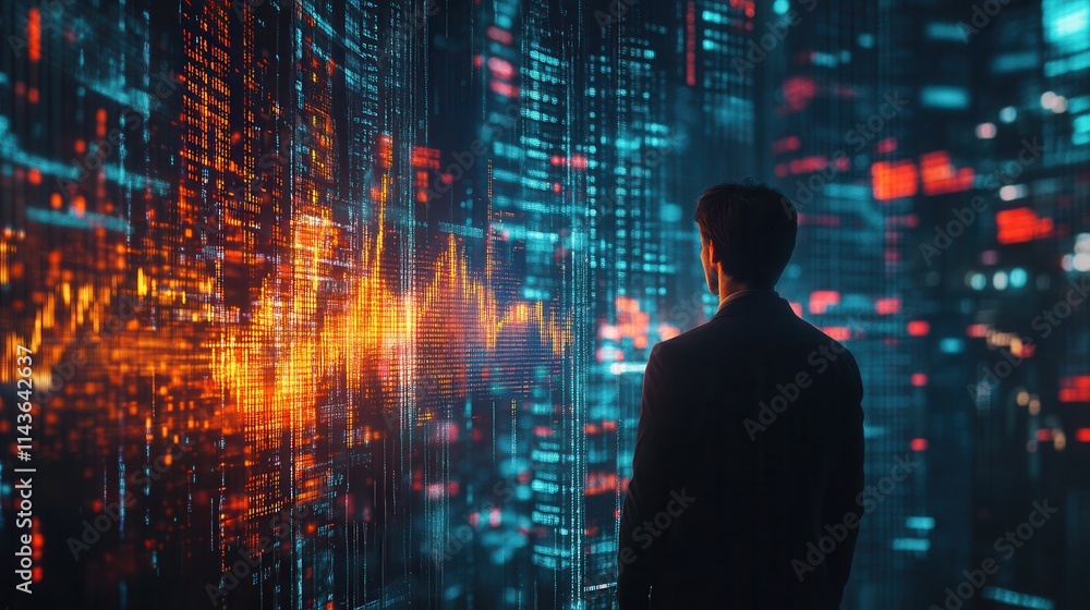 Poster A person stands before a digital display filled with data visualizations, representing technology, finance, and analytics.