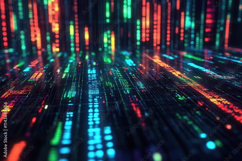 Poster A vibrant digital landscape featuring streams of colorful data, creating a futuristic and immersive atmosphere.