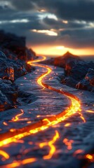 Captivating image showcasing a mesmerizing lava river flowing through a dramatic volcanic landscape with a fiery glow illuminating the rugged terrain at sunset  The scene is both and serene