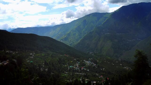 Beautiful drone shot of mountains of parvati valley in Himachal Pradesh, India	
