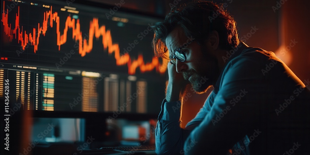 Poster A focused individual analyzes market data on multiple screens, showcasing fluctuating graphs and financial metrics in a dimly lit environment.