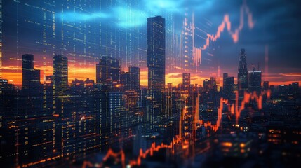 A vibrant city skyline at sunset, overlaid with financial graphs, symbolizing economic growth and market trends.
