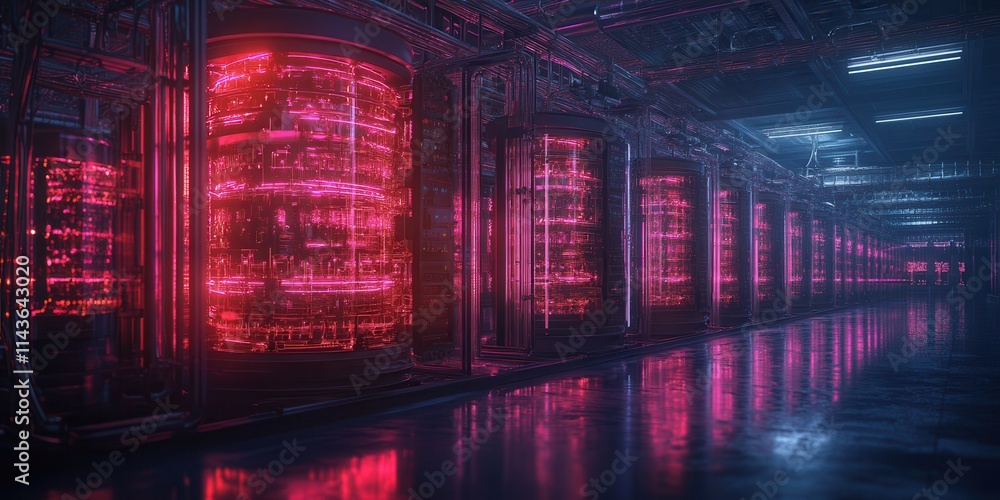 Poster a futuristic data center illuminated with vibrant pink lights, showcasing rows of high-tech servers 