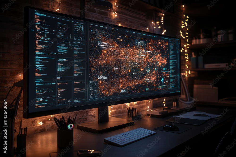 Poster A dark workspace featuring a large monitor displaying a vibrant data visualization or map, illuminated by surrounding warm lights.