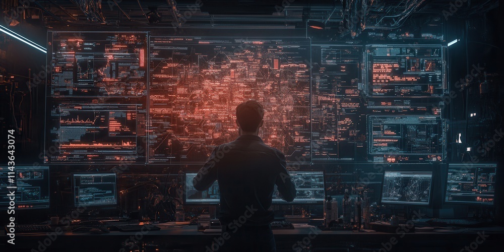 Fototapete A person stands before a high-tech display, analyzing complex data on multiple screens in a futuristic control room filled with glowing interfaces.