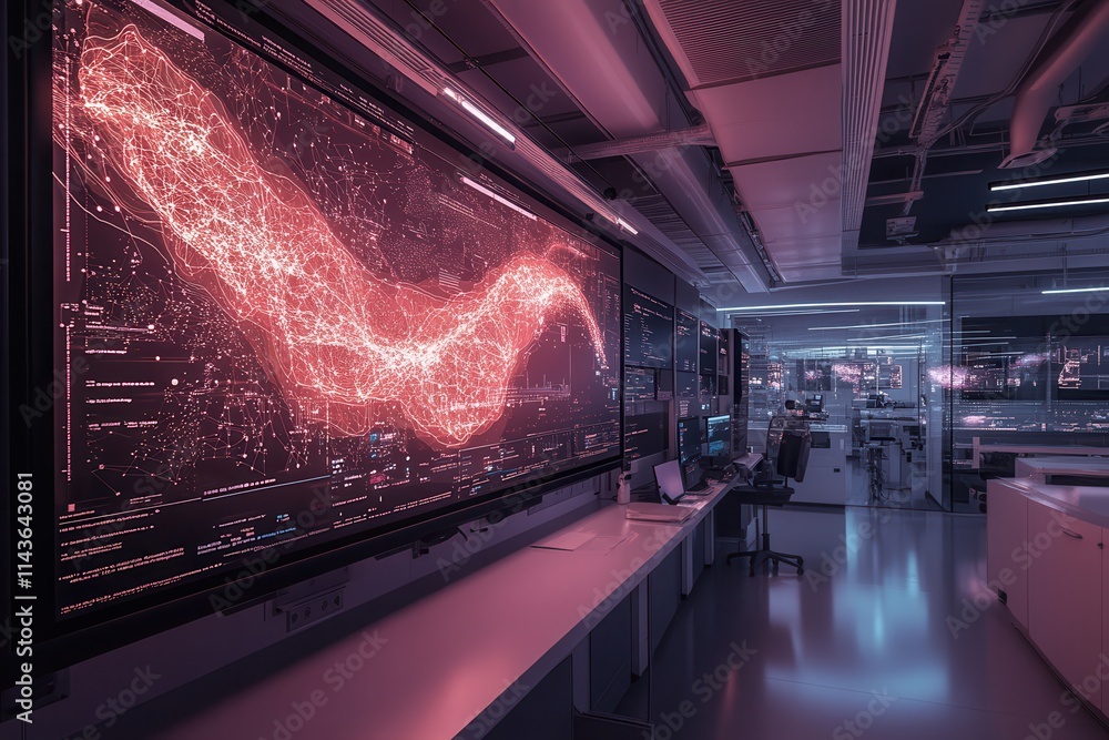 Poster A modern, high-tech workspace featuring a large, vibrant screen displaying data visualizations in shades of pink, alongside sleek furniture and ambient lighting.