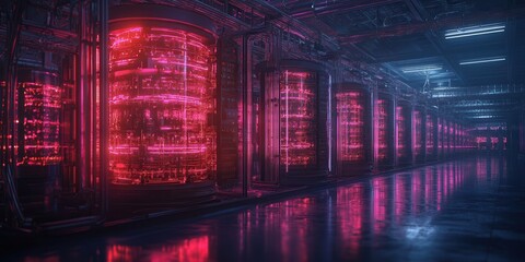 Obraz premium A futuristic data center illuminated with vibrant pink lights, showcasing rows of high-tech servers in a sleek, reflective environment.
