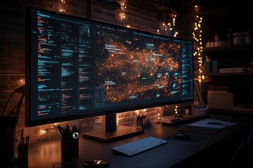 A dark workspace featuring a large monitor displaying a vibrant data visualization or map, illuminated by surrounding warm lights.