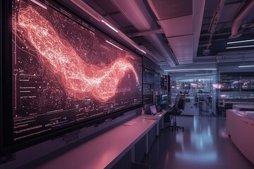 A modern, high-tech workspace featuring a large, vibrant screen displaying data visualizations in shades of pink, alongside sleek furniture and ambient lighting.