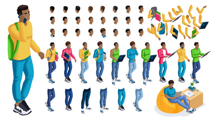 Isometric cartoon people, 3D Set for creating Black Man Student person. Full length gestures isolated, N8. Create your own design for vector