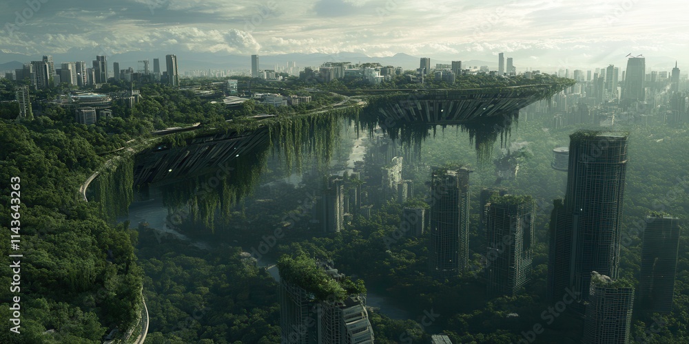 Poster a futuristic cityscape merges nature and architecture, featuring lush greenery intertwined with towe