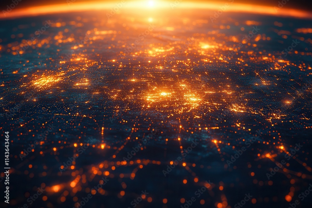 Poster a stunning view of earth from space, showcasing illuminated cities and networks against a dark backd