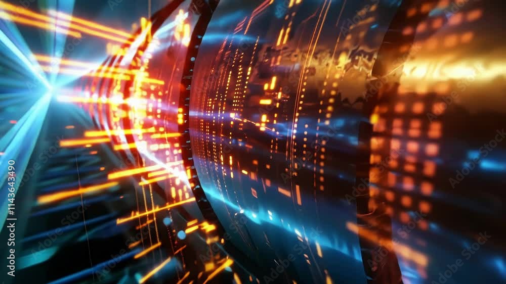 Poster complex data streams are flowing through a futuristic cyberspace tunnel, visualizing the concept of 