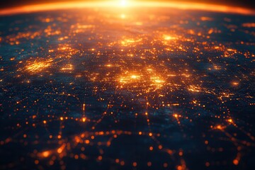 Obraz premium A stunning view of Earth from space, showcasing illuminated cities and networks against a dark backdrop, with a glowing sunrise on the horizon.