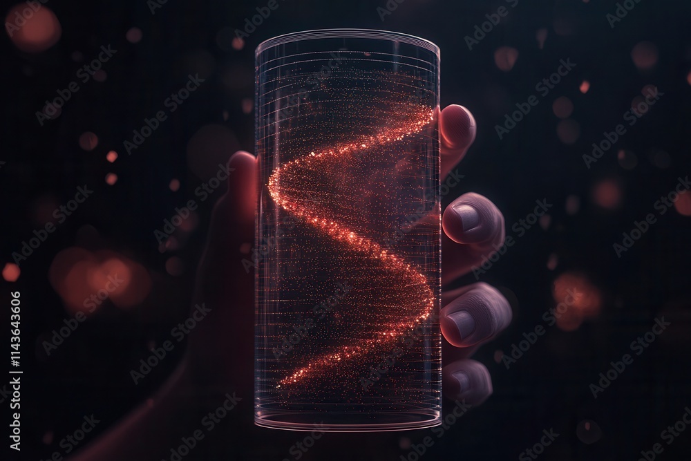 Poster a hand holds a transparent cylinder with a glowing, swirling pattern, set against a dark, atmospheri