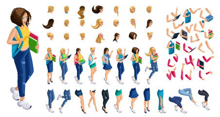 Isometric cartoon people, 3D Set for creating Girl Student person. Full length gestures isolated, N1. Create your own design for vector