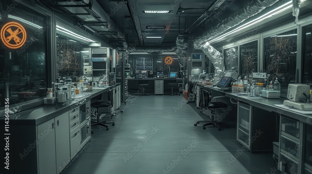 Poster a dimly lit laboratory with modern equipment, featuring long workstations and various scientific ins