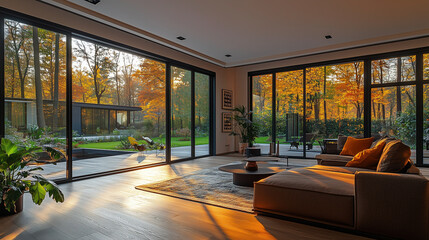 Fototapeta premium Spacious living area features expansive glass windows showcasing colorful autumn leaves and serene outdoor landscape filled with greenery and calmness
