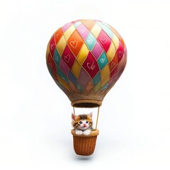 Fototapeta premium A cute kitten peeks out from a colorful hot air balloon.