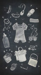 Chalkboard drawing of baby items including onesie, toys, and toiletries.