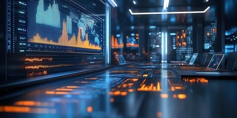 A high-tech data analysis room featuring glowing graphs and digital interfaces, showcasing a futuristic environment.