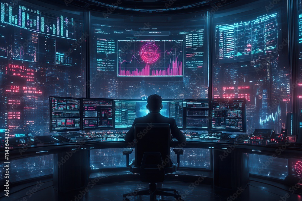 Aufkleber A futuristic digital workspace with a person analyzing data on multiple screens, surrounded by vibrant blue and pink lights.