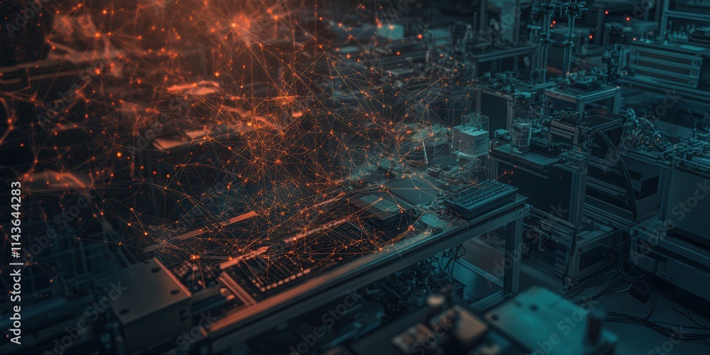 Poster A vibrant, abstract representation of a digital circuit board illuminated by glowing particles, symbolizing technology and innovation.