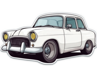 a vintage white car with a classic design. featuring a chrome grille. round headlights. and large wheels the car is drawn in a cartoon style. with a simple and clean outline