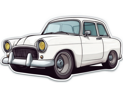 a vintage white car with a classic design. featuring a chrome grille. round headlights. and large wheels the car is drawn in a cartoon style. with a simple and clean outline