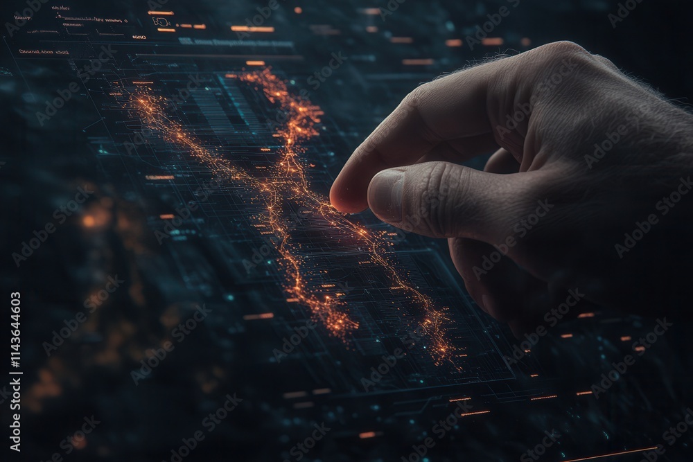 Poster A hand interacts with a glowing digital interface, highlighting a network of light trails, suggesting technology and data connectivity.
