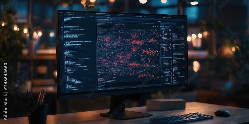 Leinwandbilder A modern workspace featuring a computer monitor displaying complex code amidst soft ambient lighting.