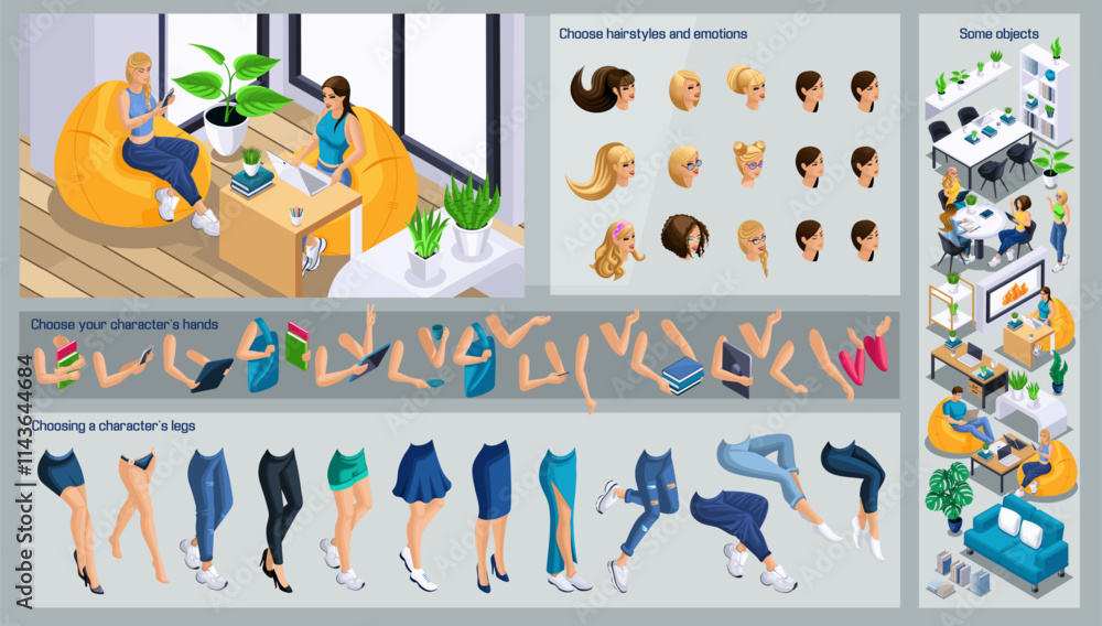 Poster isometric girl characters constructor for design. use separate body parts to create an animated char