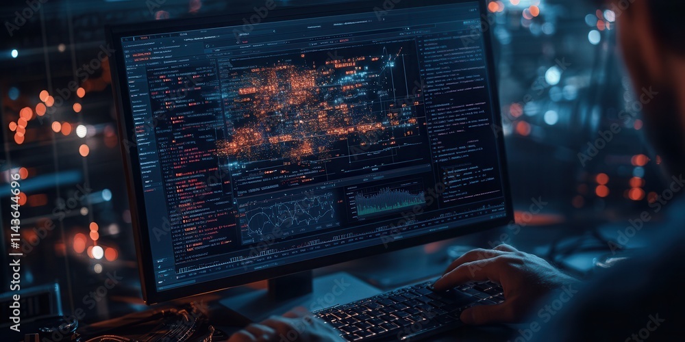 Poster A person is working on a computer, displaying complex code and graphics in a dimly lit environment, evoking a high-tech, cybernetic atmosphere.