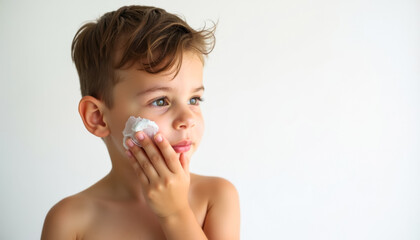 Thoughtful young boy applying face cream with his hand against a bright white background, showcasing skincare and self-care in natural soft lighting