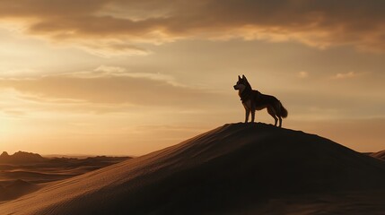 Sunset Serenade: A Dog's Solitary Vigil on a Desert Dune, Embraced by the Warmth of the Setting Sun