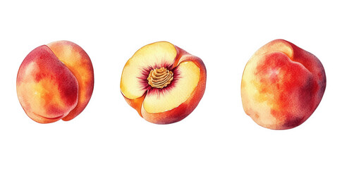 watercolor illustration of three peaches. one whole. one cut in half. and one half-cut with a visible pit