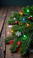 A fir branch with colorful lights and snowflakes on a rustic wooden plank, evergreen tree, holiday decor, Christmas decorations