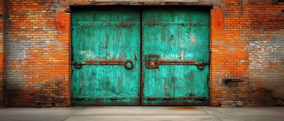 Weathered Teal Doors in Aged Brick Wall