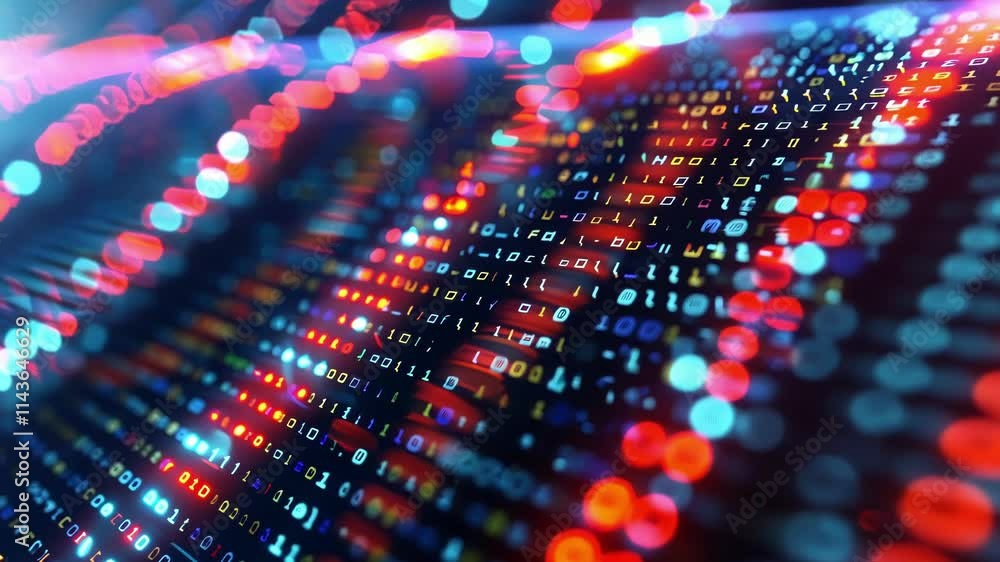 Aufkleber flowing big data streams filled with binary code, vibrant light trails, and a colorful bokeh effect,