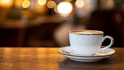 Obraz premium A cup of coffee sits on a table with a blurred cafe background.