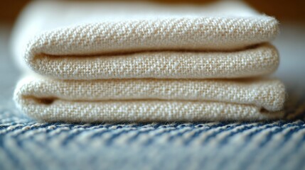 A neatly folded stack of cream-colored towels on a textured surface.