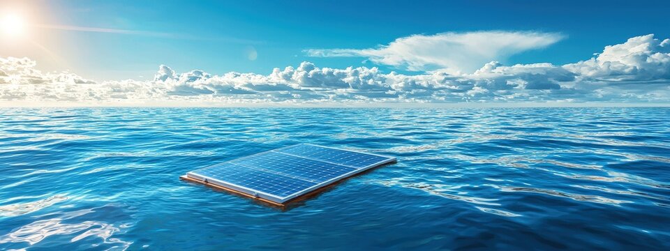 Illustration of floating solar panels on an expansive body of water