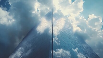 A reflective skyscraper reaching towards a cloudy sky, capturing light and atmosphere.