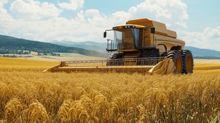 Naklejka premium Combine Harvester in a Wheat Field