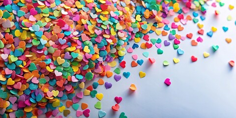Obraz premium A vibrant pile of colorful heart-shaped confetti spills onto a pastel background
