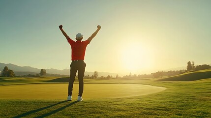A golfer celebrating a successful shot at sunset, arms raised in triumph on the green.