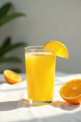 Fototapeta premium A glass of freshly squeezed orange juice on a minimalist white tablecloth, elegance, juice