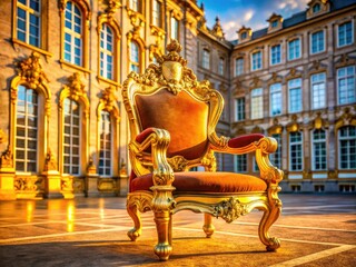 Fototapeta premium Majestic and opulent, the golden throne dominates the palace throne room; an aerial view showcases its royal power and luxury.